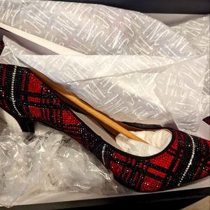 Rhinestone black and red plaid heels
